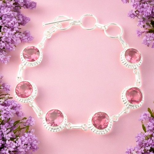 VALENTINO Bracciale dichiarazione gioielli fatti a mano argento sterling 925 pietra preziosa tormalina rosa