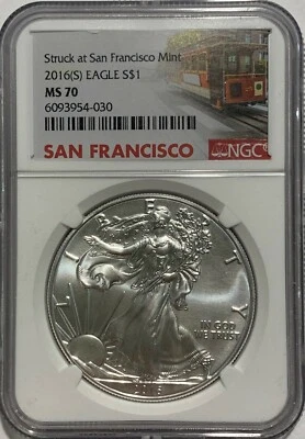 2016 (S) $1 Silver Eagle NGC MS70 Struck At San Fransico .999 Fine Trolley Lbl - Image 1 of 3