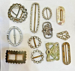 1920's British Silver tone Brass MOP Belt Buckle Shiny Rhinestones Lot Vintage - Picture 1 of 3