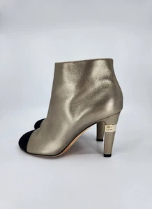 Chanel Interlocking CC Metallic Leather Gold Black Cap Toe High Heel Booties 6.5 - Picture 1 of 17