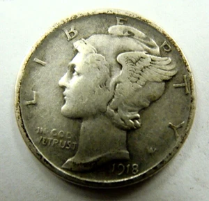 Moneda de diez centavos de mercurio 1918 D en estado bastante bueno+ nunca limpiada, envío gratuito - Imagen 1 de 2
