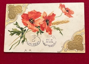 Gruß geprägte alte Postkarte Mohnblumen Goldrahmen 1907 ungeteilt - Bild 1 von 2
