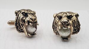 Vintage Signed Swank Tiger Head with Floating Opal Mouth Cufflinks RARE