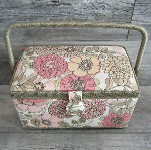 VINTAGE Flower Floral Sewing Kit Tailor Travel Case Bag Tray 