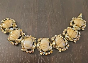 Vintage Statement Book Link Bracelet Milk White Chalk Brown AB Rhinestone Rare - Picture 1 of 11