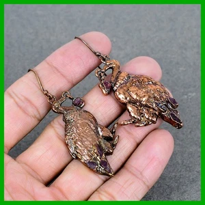 Natural Pink Tourmaline Rough Copper Dangle Electroformed And Peacock Earrings - Picture 1 of 6