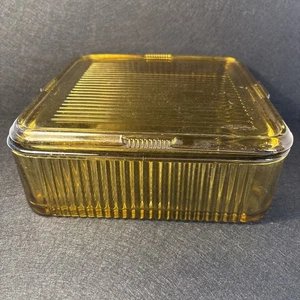 1940s Federal Glass Large Square Amber Refrigerator Storage Box with Lid 8.25" - Picture 1 of 5