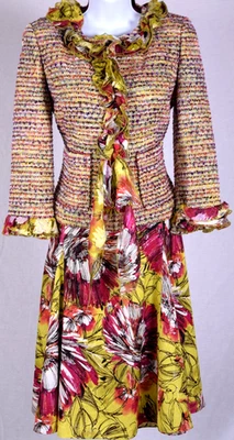 ST.JOHN женщин зеленый желтый розовый оборки отделки металлический Shimme куртка юбка размер 4-6 - Изображение 1 из 4