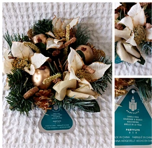 PARTYLITE 3” Candle Ring POINSETTIA White Flower Pinecone Round Gold Glitter NEW - Picture 1 of 11