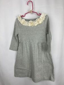 crewcuts 6 girl knit dress popover solid gray ivory ruffle neckline trim Cotton