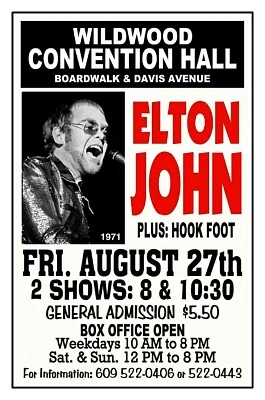 ELTON JOHN 1971 Wildwood NJ CONVENTION HALL POSTER/SIGN by THouse