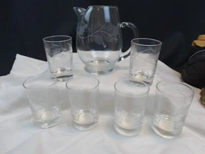 7pcs clear glass pitcher and juice glasses w/ grape motif - Picture 1 of 16