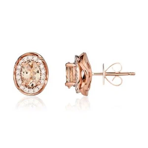 9CT Rose Gold Oval Morganite & Diamond Cluster Earrings - Picture 1 of 3