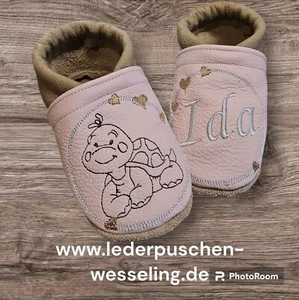 Baby Krabbelschuhe, Lauflernschuhe, Lederpuschen bestickt personalisierbar - Bild 1 von 1