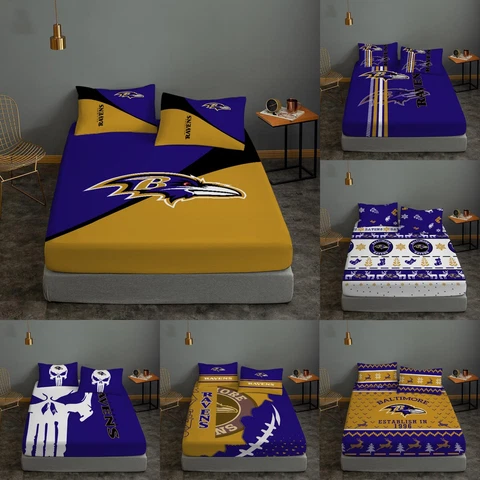 Baltimore Ravens 3 Piece Bed Sheet Set Fitted Sheet Pillowcases Deep Pocket Gift Cover