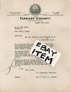 D.T. 1937 MEMBRETE Swint Fort Worth Texas CONDADO TARRANT Stafford Lowdon - Imagen 1 de 1