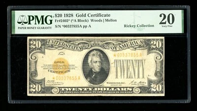 Certificado de oro DBR 1928 $20 ESTRELLA Fr. 2402* PMG VF-20 Serie *00337855A Foto 1 de 2