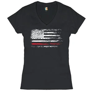 Distressed American Flag Women's V-Neck T-shirt Thind Red Line Firefighter Tee - Picture 1 of 33
