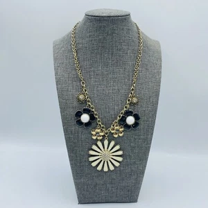 Flowers White Black Enamel Gold Tone Necklace 16” - Picture 1 of 4