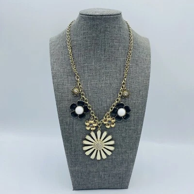 Flowers White Black Enamel Gold Tone Necklace 16” - Image 1 of 4