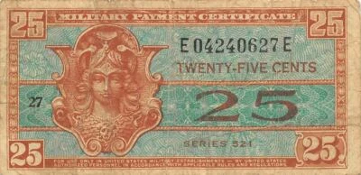 USA / MPC  25  Cents  1952  Series  521  Plate # 27  Circulated Banknote - Image 1 of 2