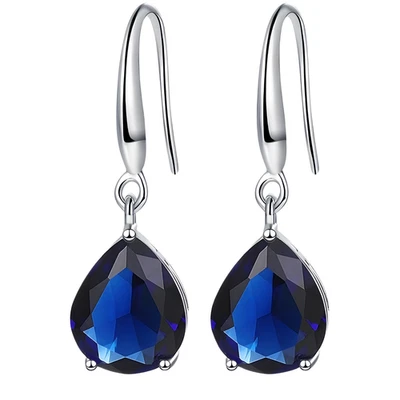 925 Sterling Silver Water Drop Dangle Earrings | Blue Zircon 10mm Wide Pear 569 - Image 1 of 4