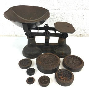 Vintage Heavy Iron Metal Weighing Scales with Dish & Set of Weights - Picture 1 of 11