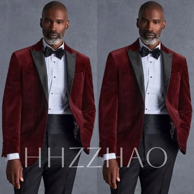 勃艮第天鹅绒男式套装顶峰翻领晚会舞会婚礼新郎燕尾服 — 第 1/4 张图片