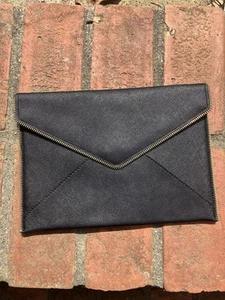 REBECCA MINKOFF LEO Saffiano Leather Envelope Clutch Bag Black Zipper Accent - Picture 1 of 4