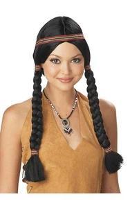 PELUCA NEGRA DE DONCELLA INDIA POCAHONTAS CON TRENZAS ACCESORIO DE DISFRAZ - Imagen 1 de 2