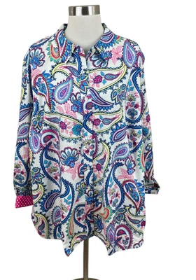 Talbots NUEVO 3X Azul Rosa Paisley Floral Puño Abatible Botón Frontal Camisa Carrera Foto 1 de 4
