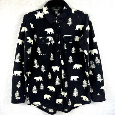 Chaqueta Camisa Eddie Bauer Polar Abotonada Mujer Pequeña Negra Bolsillos Osos Exterior Foto 1 de 4