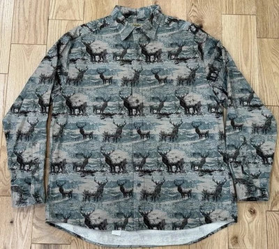 Cabela’s Men’s Large Deerskin Soft Chamois Elk Button Up Shirt Nature AOP VTG - Image 1 of 4