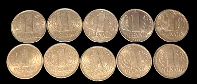 10 x 1 Pfennig DDR 1960 1961 1962 1968 1977 1981 1983 1984 1986 1987 - Image 1 of 2