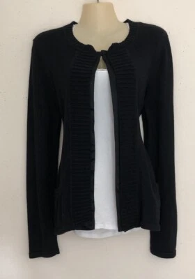 Jones New York Cardigan Sweater Size Large Black Knit Satin Trim Cotton Blend Foto 1 de 4