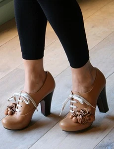 CHIE MIHARA SHOES ROSETTE LACE UP BOOTIES PLATFORM HEELS BLOM $515 CAMEL 38.5 - Picture 1 of 12