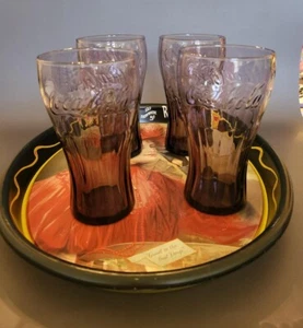 Juego de 4 vasos en relieve Coca-Cola tono púrpura 16 oz + bandeja de reproducción de anuncios 1908 - Imagen 1 de 4