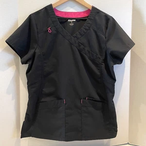 Scrubstar Women's Sz M Scrub Top Black/Pink Accent V-Neck Short Sleeve 3 Pockets - Picture 1 of 16