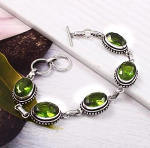 925 Sterling Silver Green Peridot Gemstone Handmade Jewelry Bracelet Size-8" - Picture 1 of 3