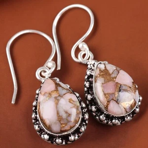 925 Solid Silver Indian Jewelry Pink Opal Turquoise Gemstone Dangle Earrings BB - Picture 1 of 11