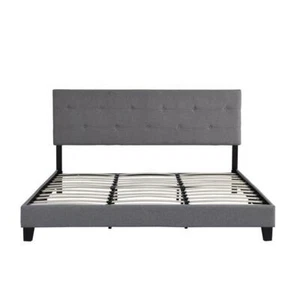 King Size Upholstered Platform Bed Frame w/Button Tufted Linen Fabric Headboard - Picture 1 of 8