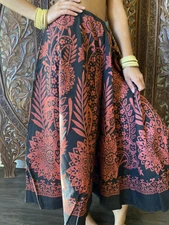 Boho Hippy Gypsy Black,Red Midi Skirt Printed Flare Cotton Long Skirts M