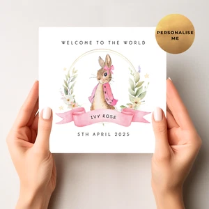Personalised Peter Rabbit New Baby Card - Newborn Baby Girl Congratulations Card - Picture 1 of 7
