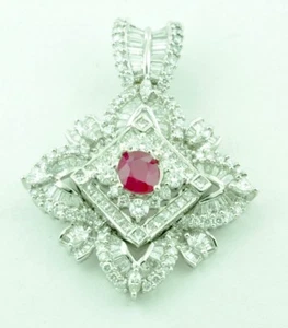 18k Solid White Gold Natural Oval Ruby & Diamond Pendant Cocktail 4.31  Carats - Picture 1 of 8