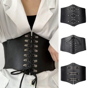 Womens Waist Cincher Wide Band Elastic Tied Waspie Corset PU Leather Belt - - Picture 1 of 16