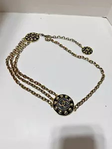 Catena cintura CHANEL vintage logo CC oro nero placca moneta 3 CC RARA tenuta antica - Foto 1 di 20