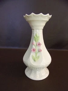 Belleek Floral Vase With Pink Flowers & Green Leaves Ireland - Picture 1 of 8