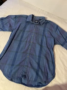 Gap Men's Vintage 90s Short Sleeve Plaid Large  Button Up T Shirt Blue Tag 1990s - Picture 1 of 13