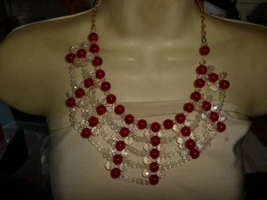 STATEMENT ROTE PERLEN KLAR KRISTALL LATZ 10" L GOLD AN KETTE HALSKETTE #30/30 - Bild 1 von 8