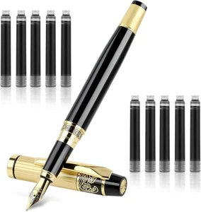 Luxury Metal Fountain Pen 0.5mm Fine Point with 10 Black Ink Cartridges - Picture 1 of 8